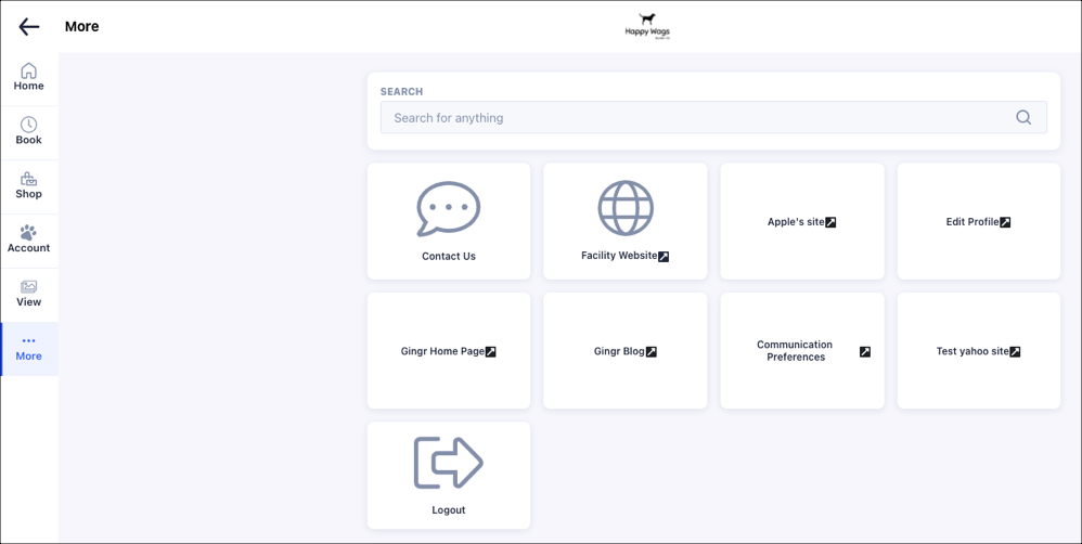 Dashboard with navigation and contact options.