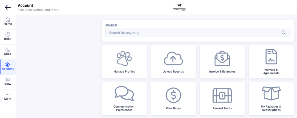 Account management dashboard with icons.