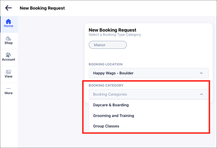 Booking request form with category options.
