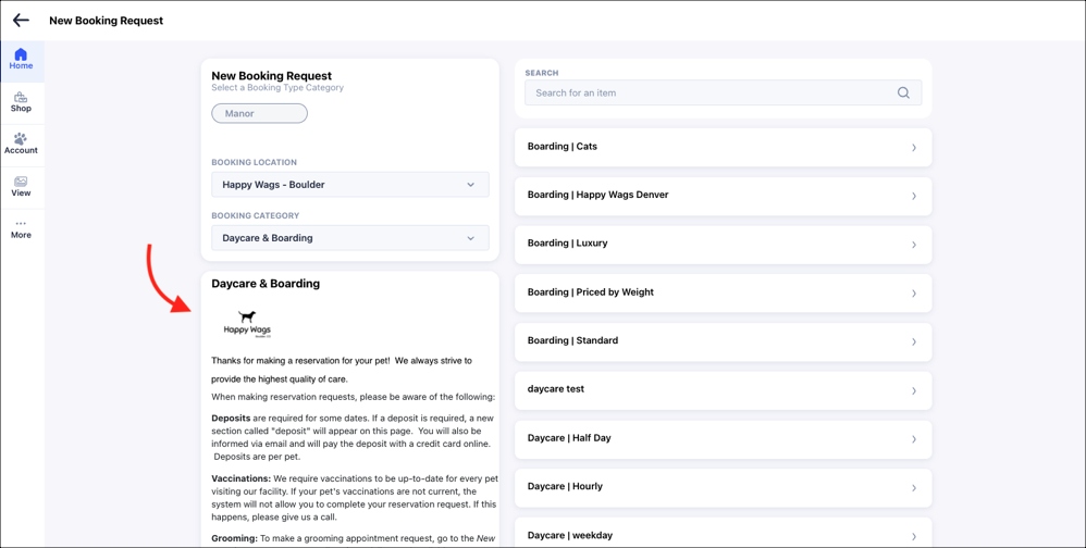 Pet daycare and boarding booking page