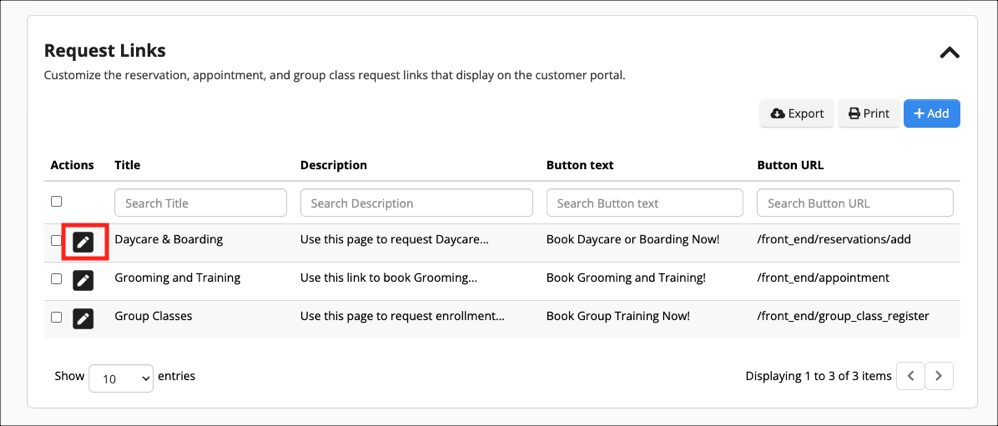 Request Links table with edit icons.