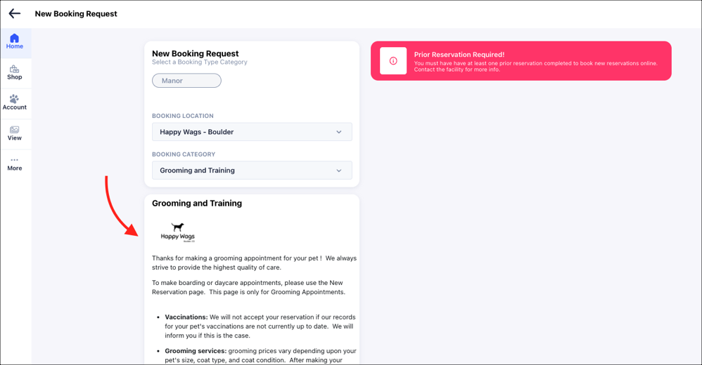New booking request page for pet grooming.