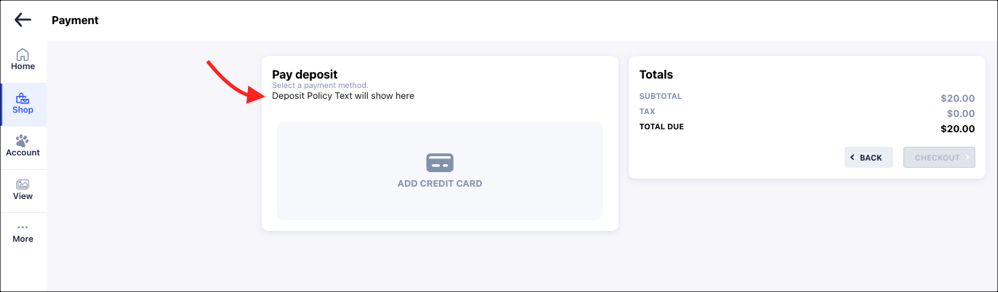 Payment screen with deposit and totals section.