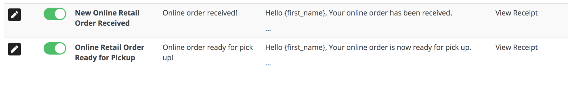 Order notifications with toggle switches