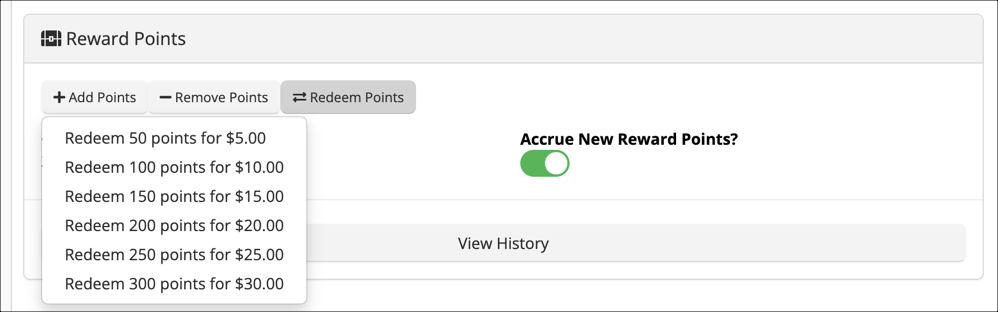 Reward points redemption options menu.