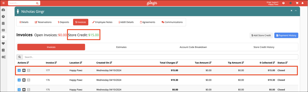 Invoice page with store credit balance.