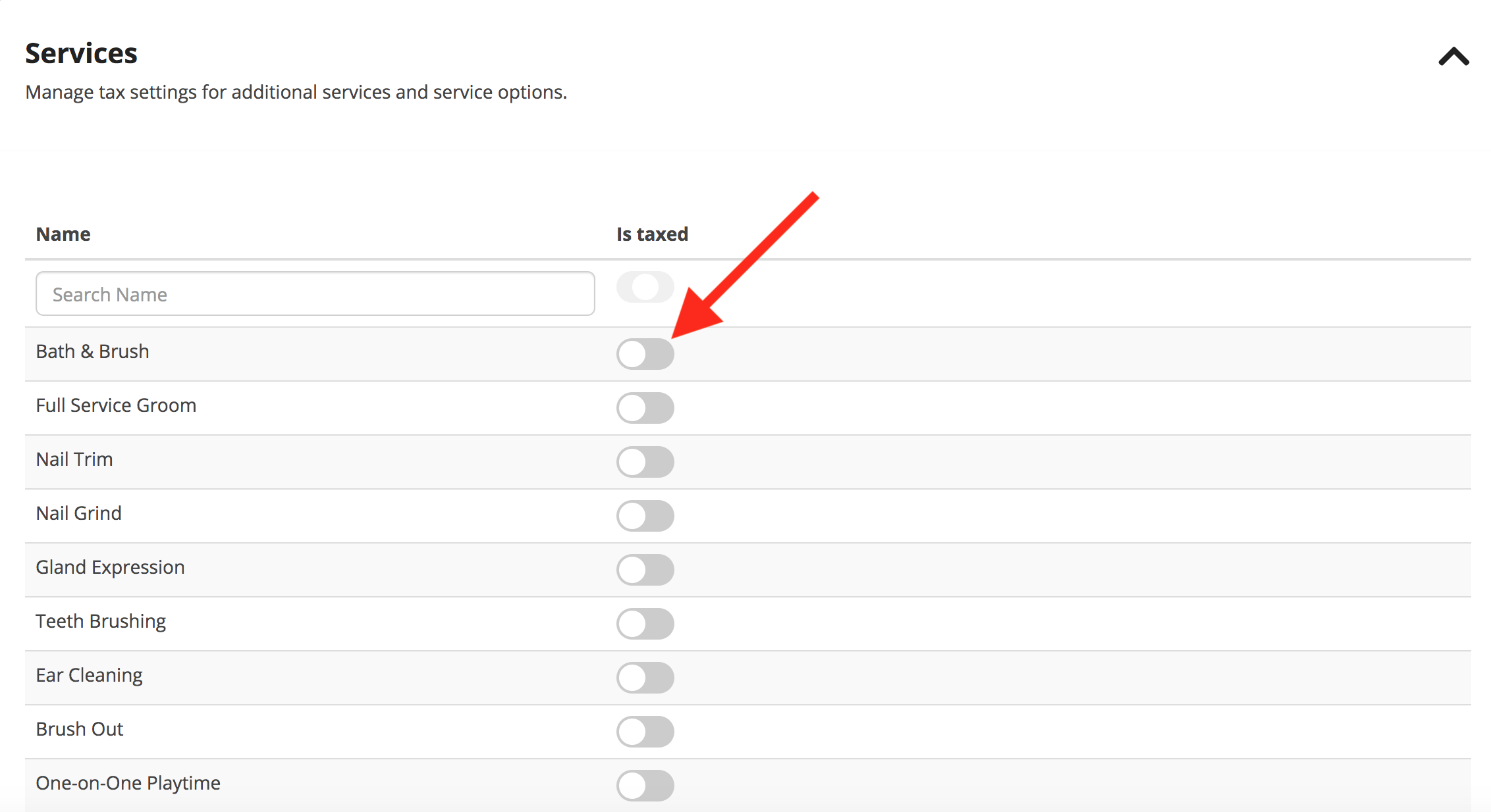 Service tax toggle list with red arrow.