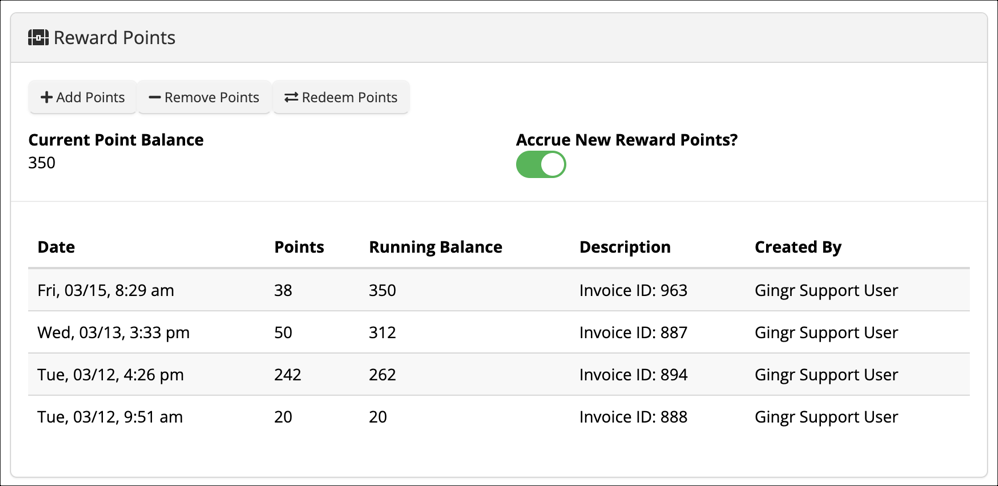 Reward points balance and transaction history