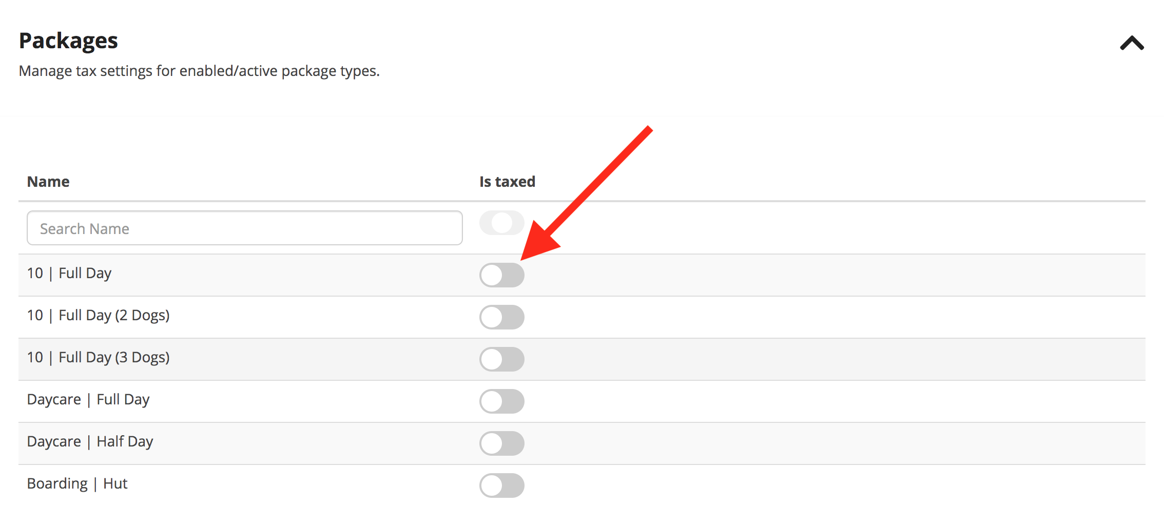 Tax toggle for package settings