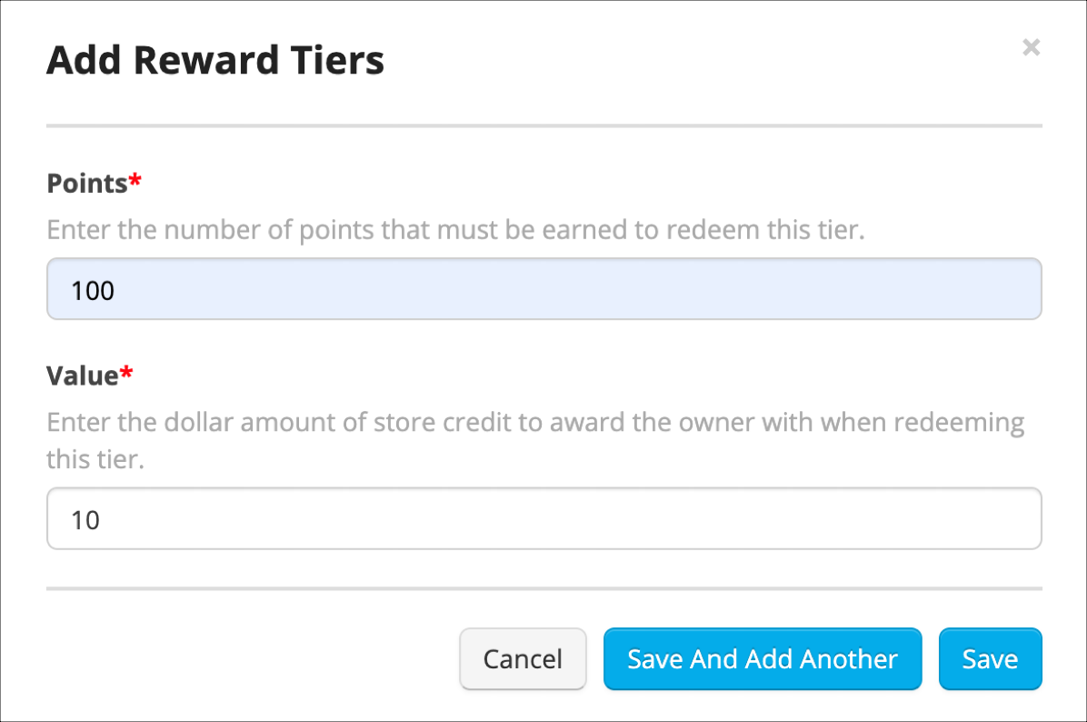 Add Reward Tiers form with points and value fields.