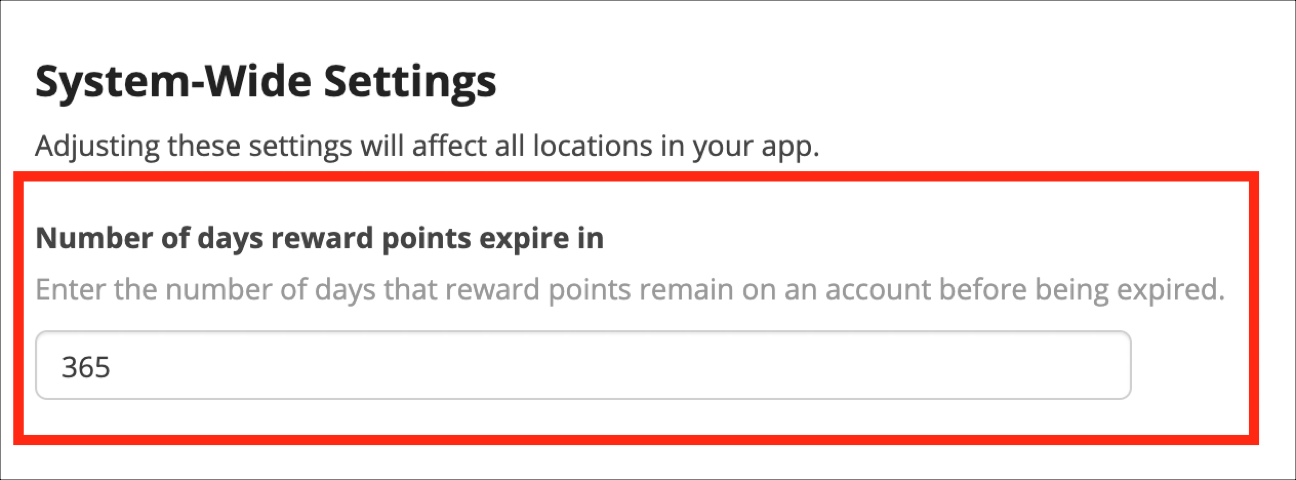 Reward points expiration setting: 365 days