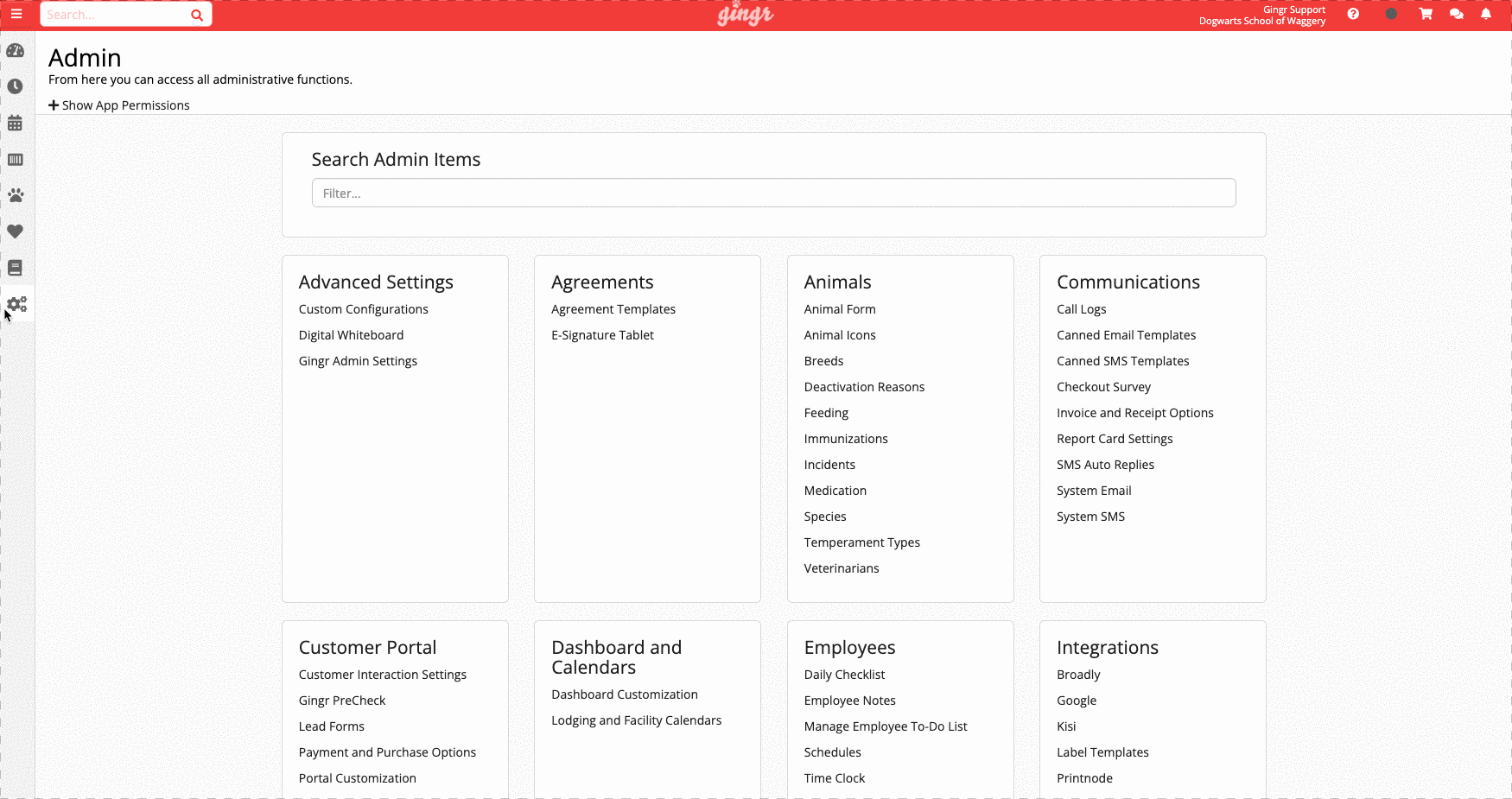 Admin dashboard with various settings categories.