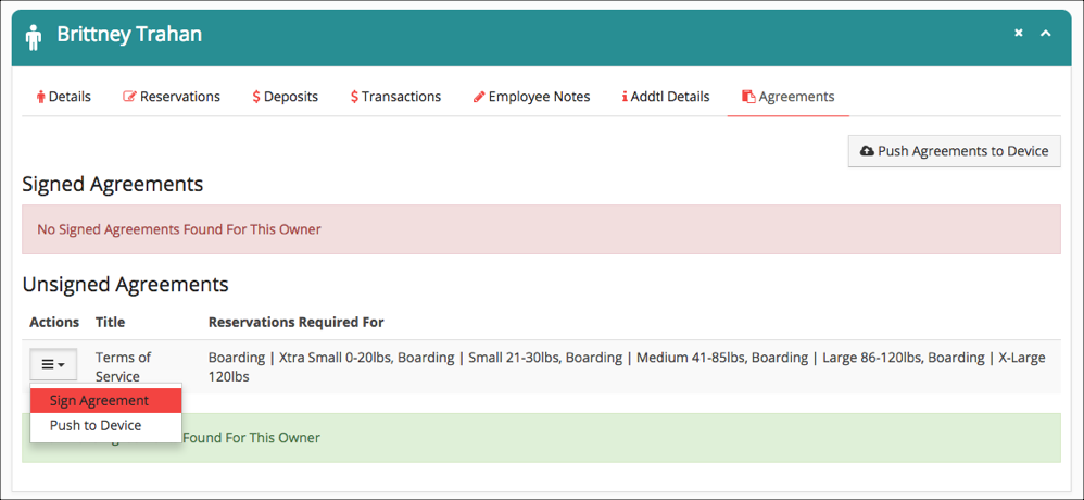 Unsigned agreements list with actions menu.