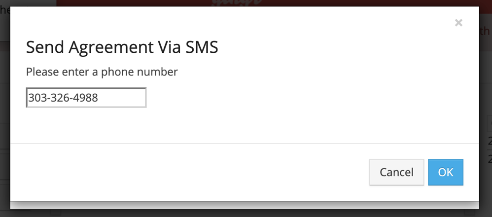 Send Agreement Via SMS prompt with phone input.
