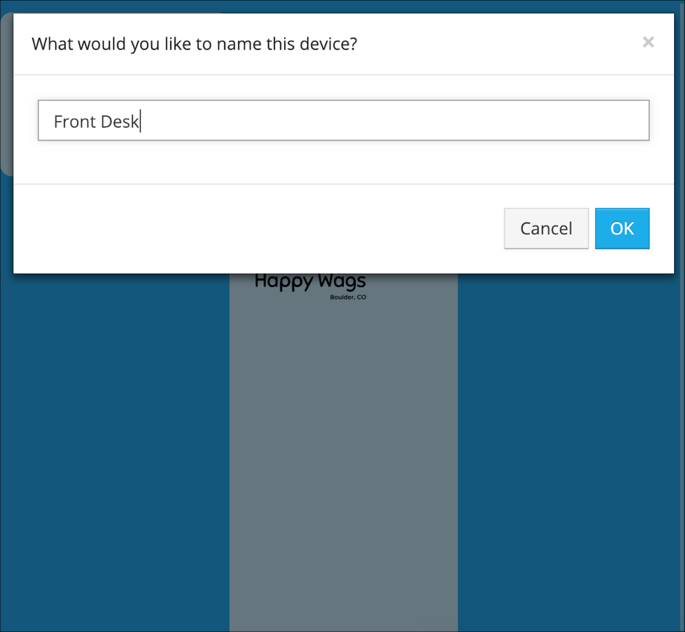Device naming prompt with "Front Desk".
