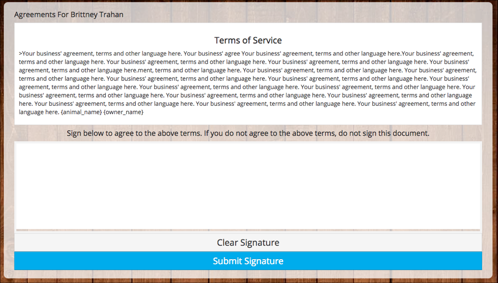 Terms of Service agreement form.