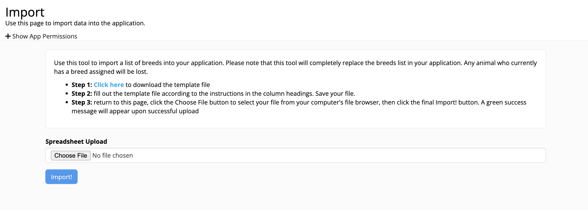 Import data page with file upload option.