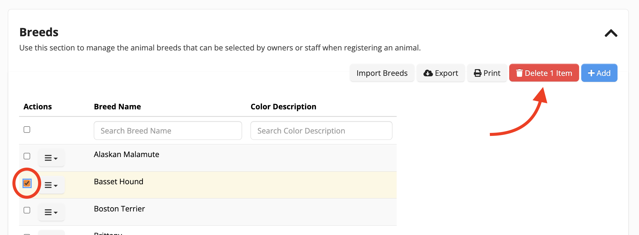 Animal breed management interface.