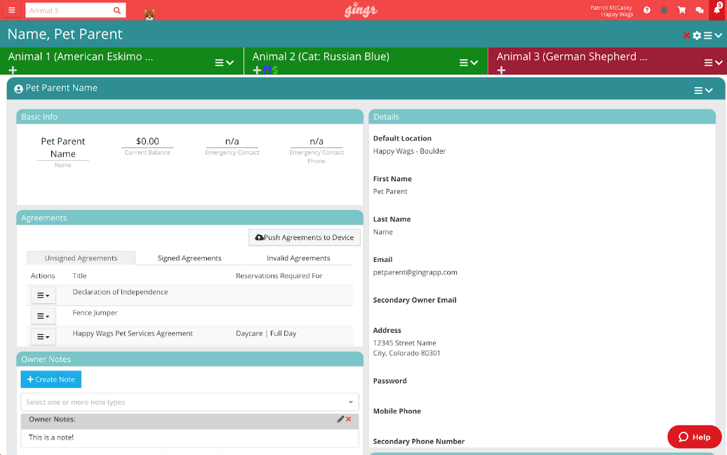 Pet management dashboard interface.