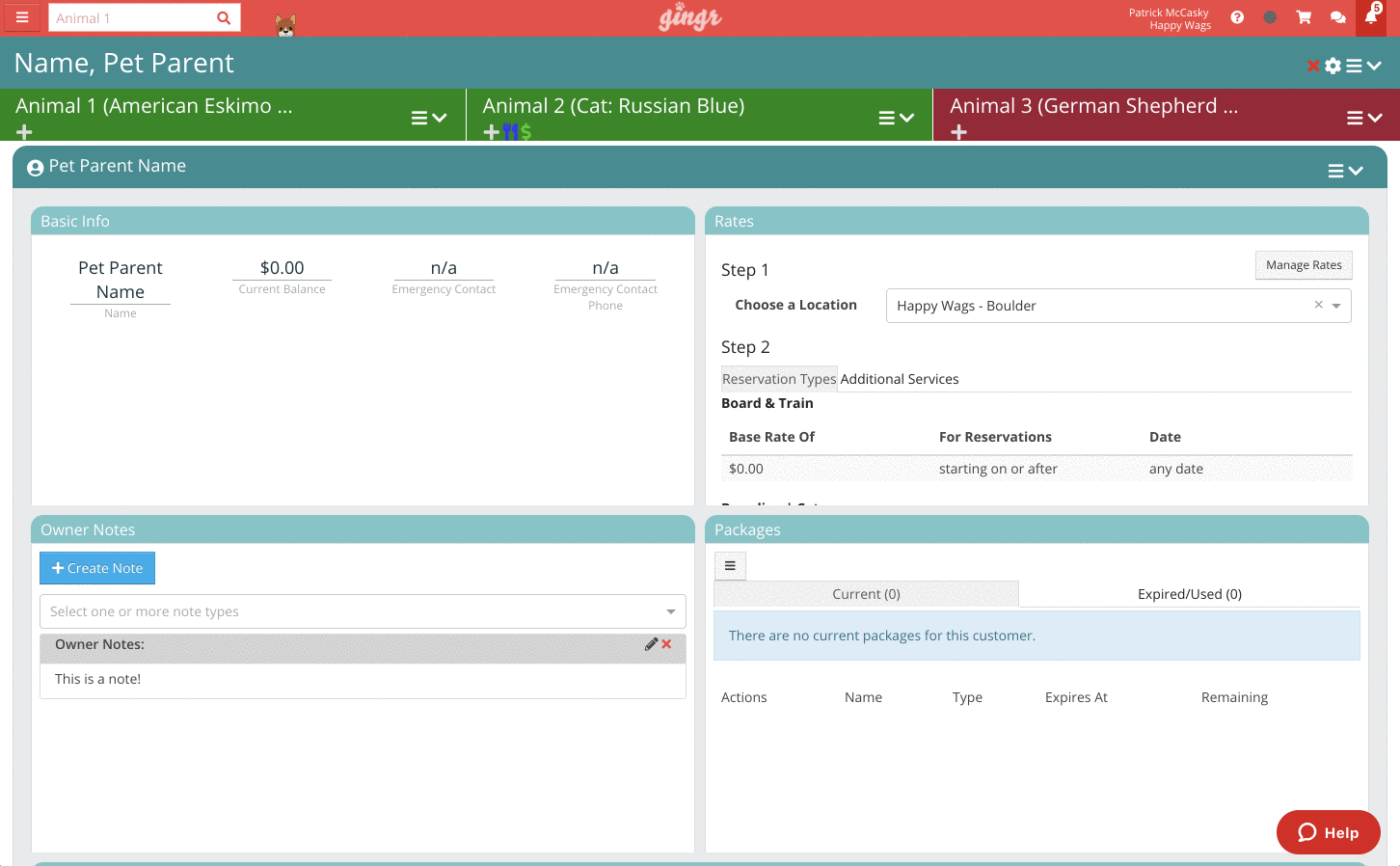 Pet management software interface screenshot.