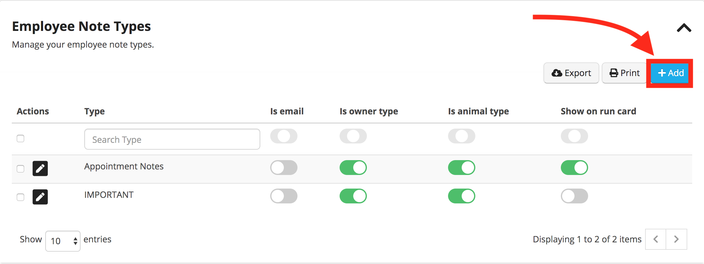 Employee Note Types" interface with add button.