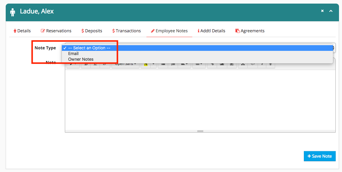 Dropdown menu for note type selection