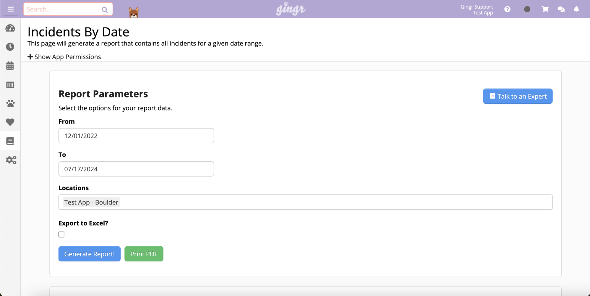 Incident report generation page interface.