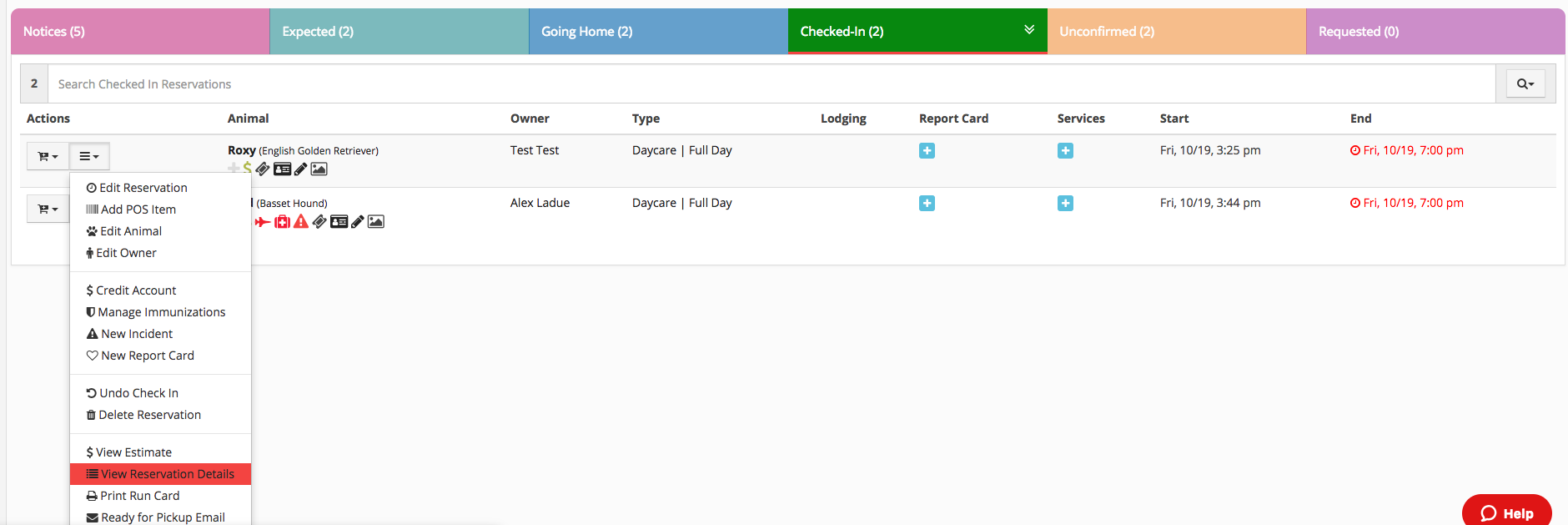 Reservation management interface screenshot