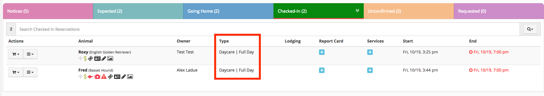 Pet daycare reservation list.