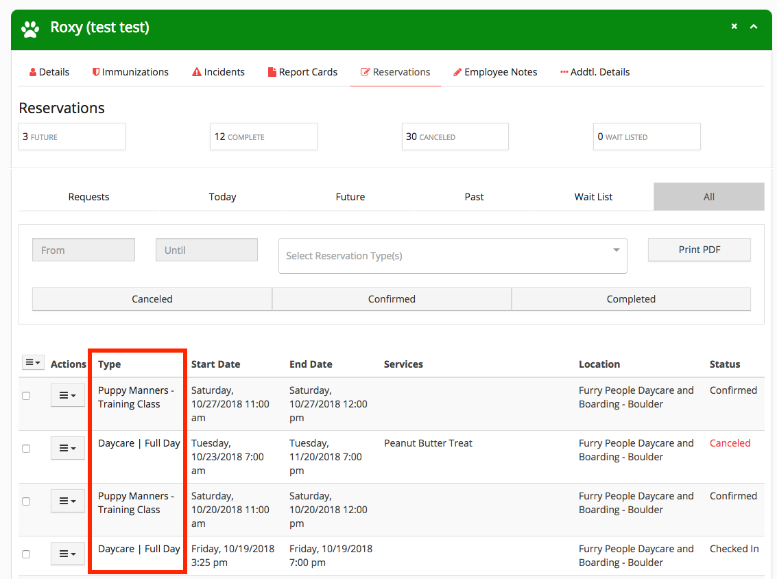 Reservation list with types and statuses.