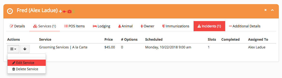 Service details with edit and delete options.