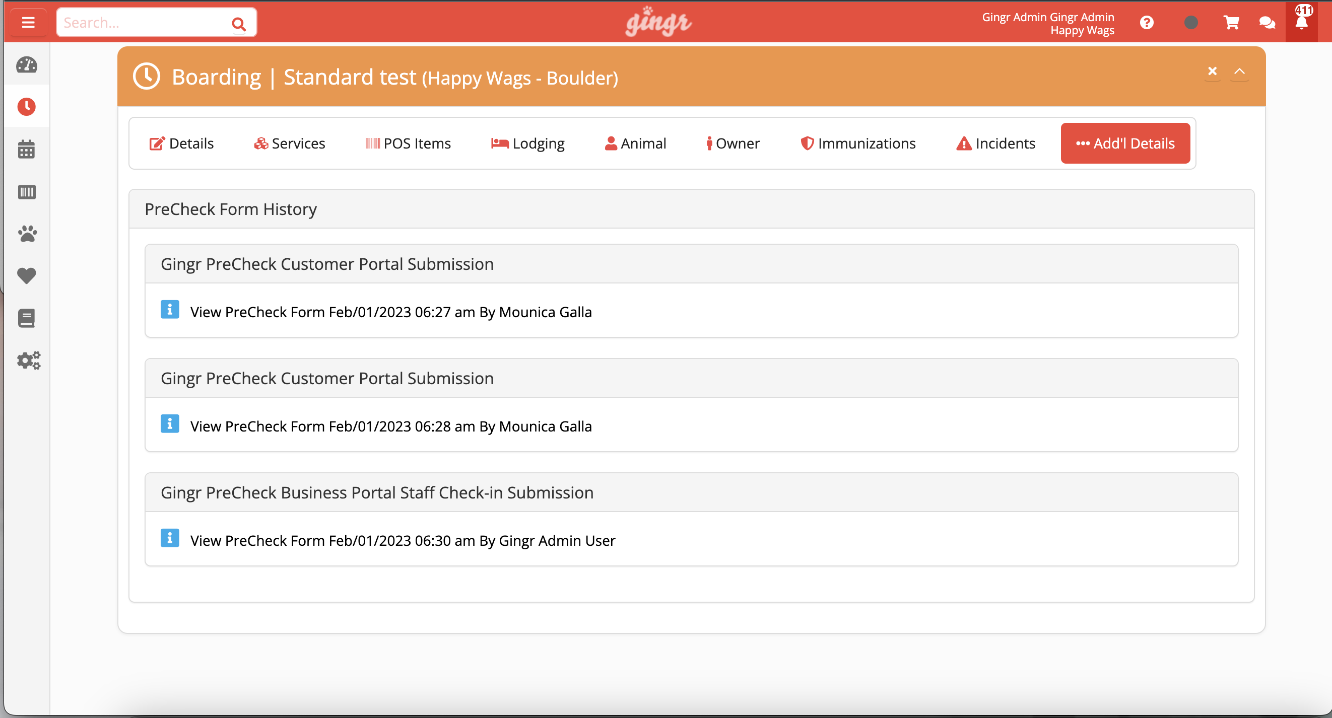PreCheck form history list on portal.