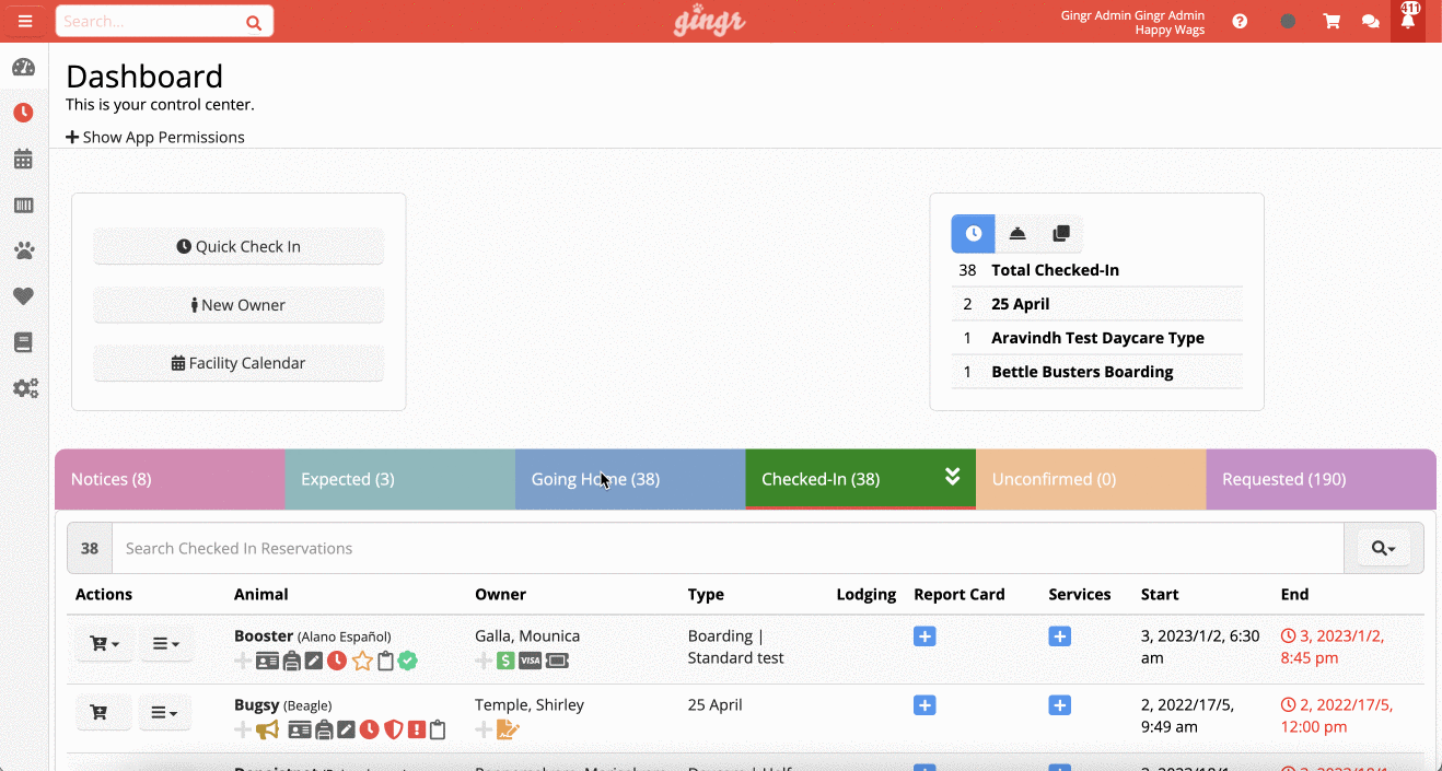 Dashboard with check-in and reservation details.