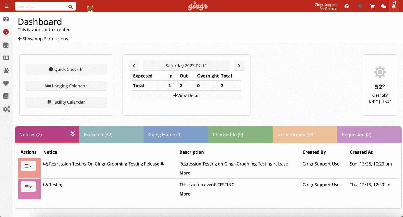 Dashboard with notices and weather info
