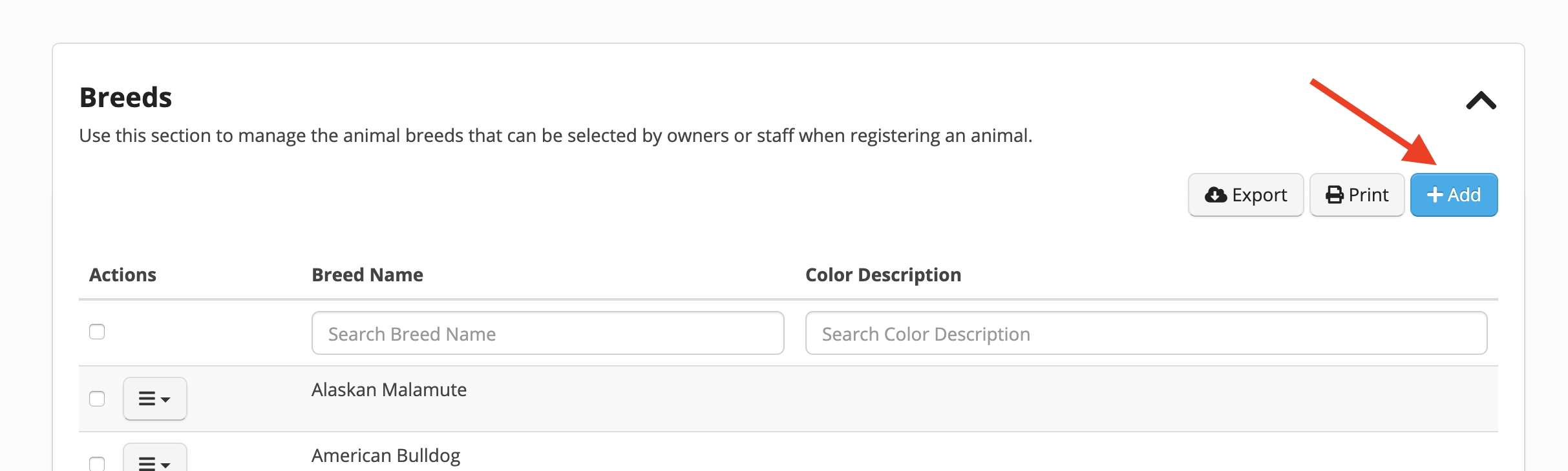 Breeds management interface with Add button.