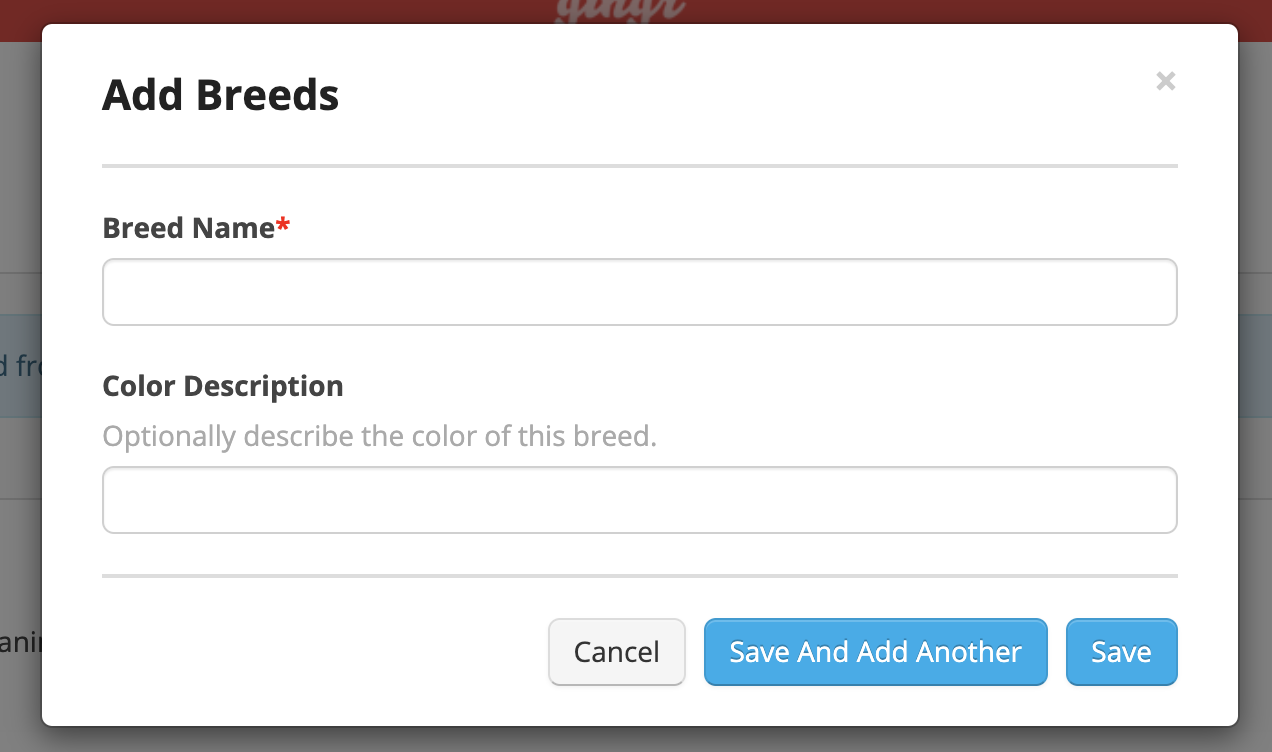 Add Breeds form with input fields.