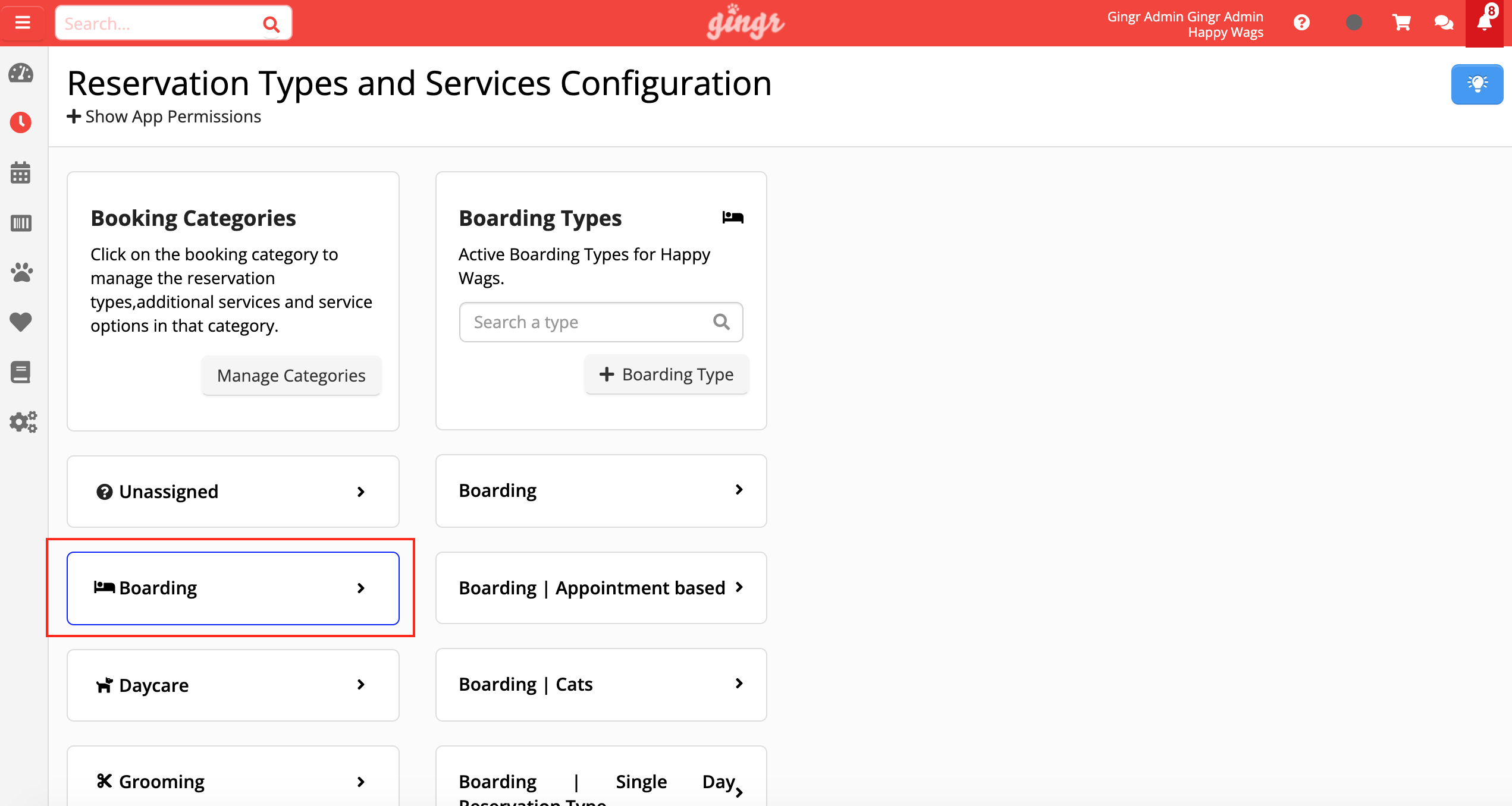 Reservation types configuration screen