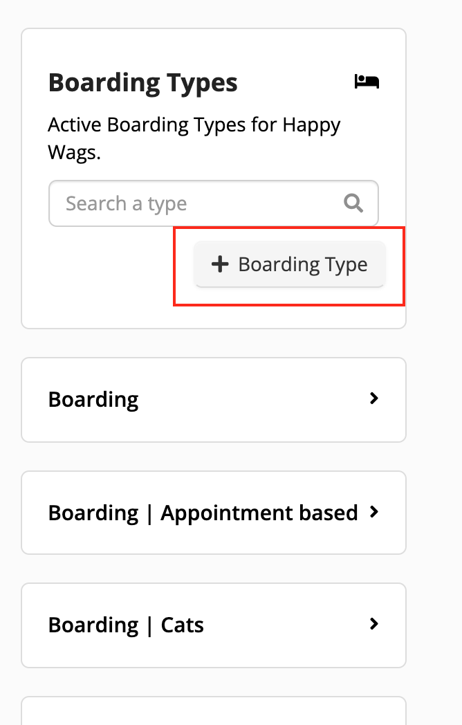 Boarding types menu with search and add options.