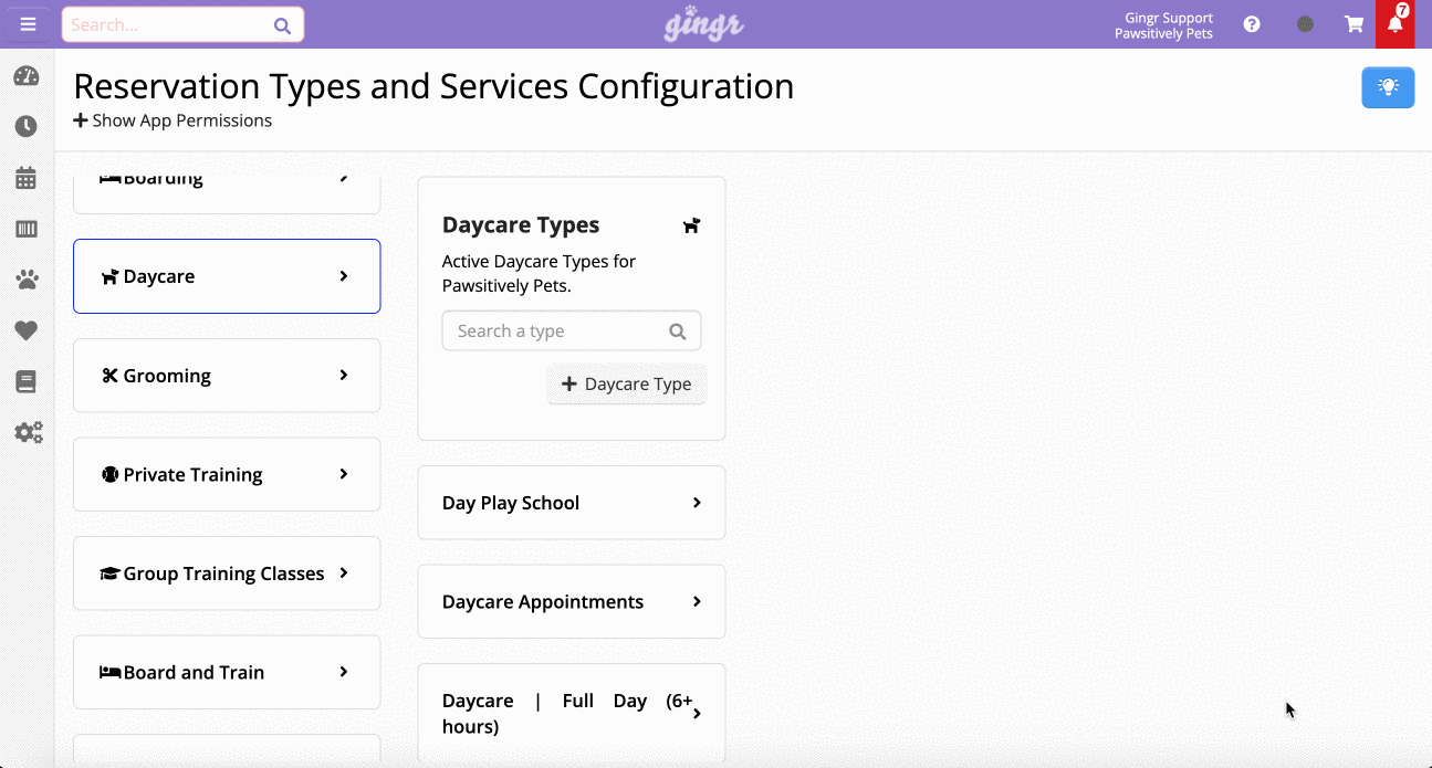 Daycare services configuration screen.