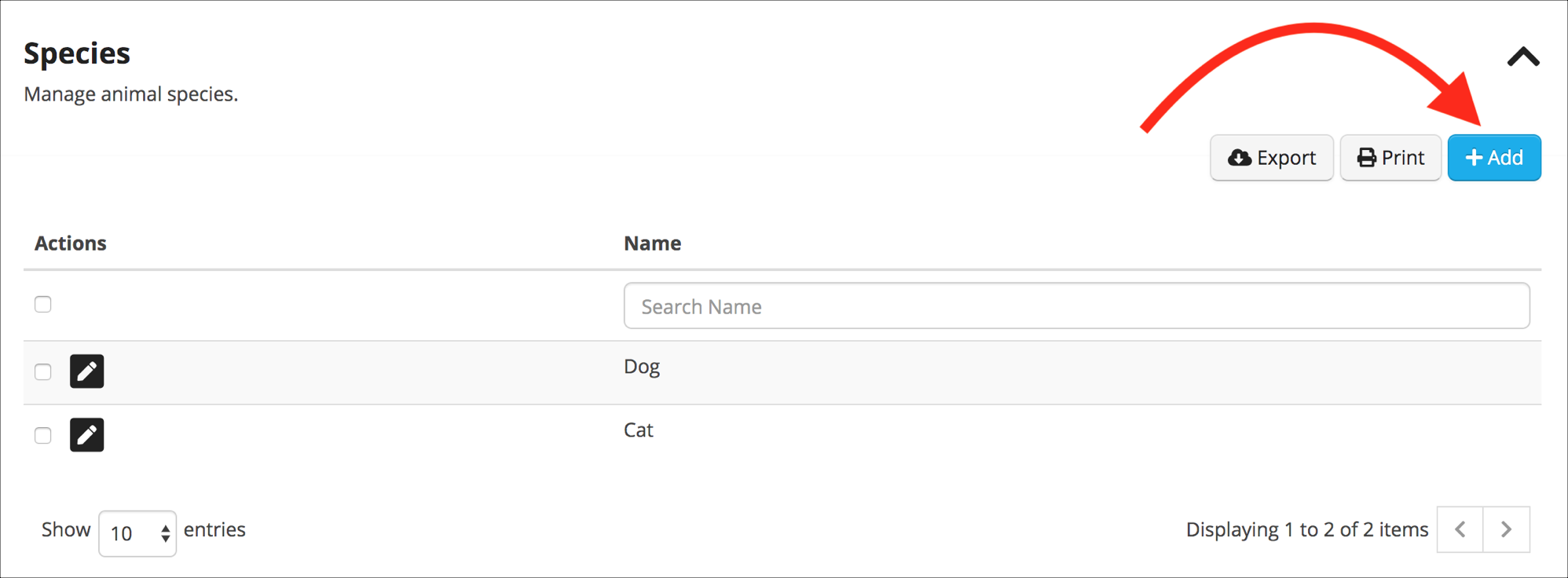 Animal species management interface.