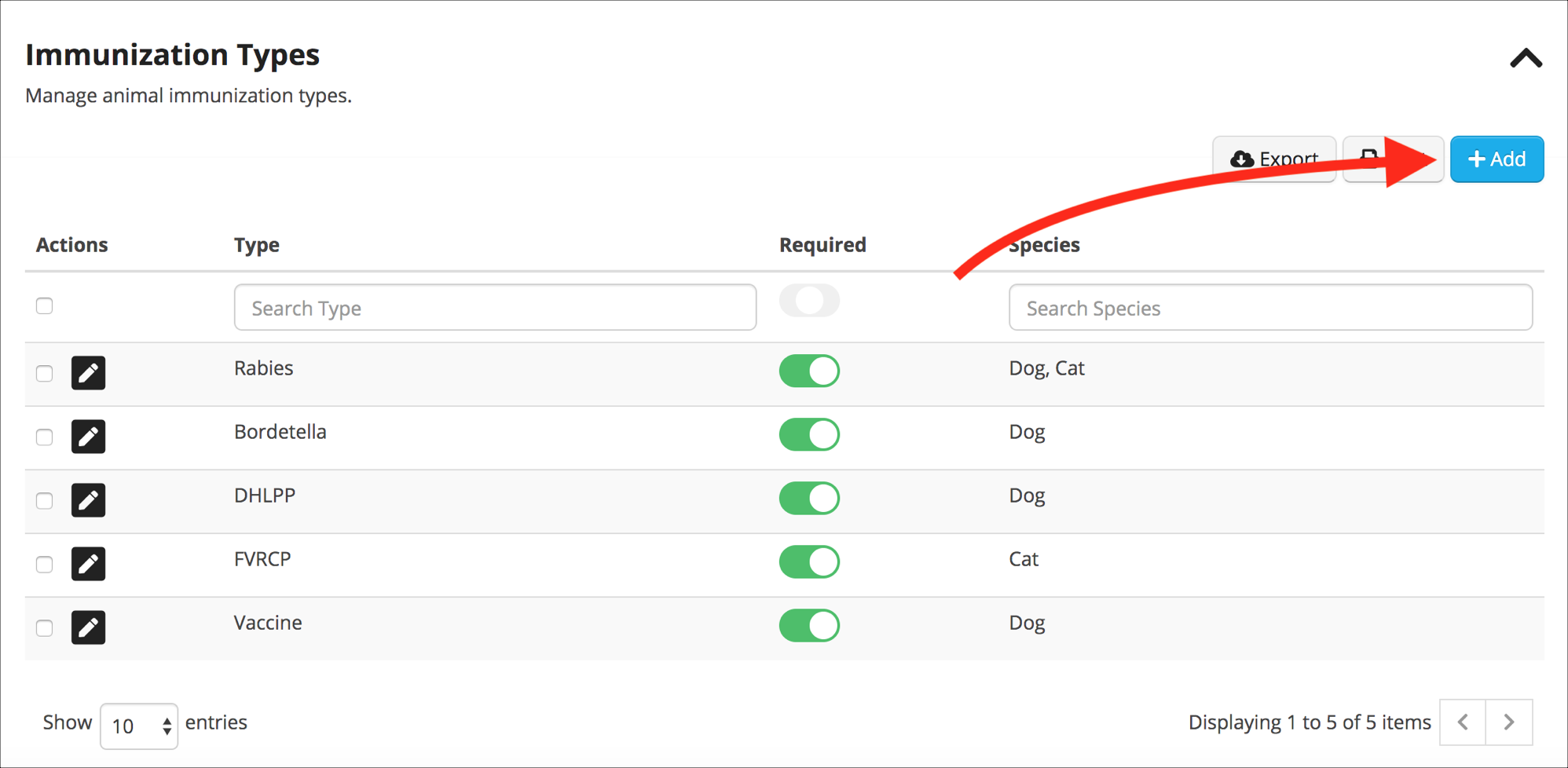 Animal immunization types list with add button.