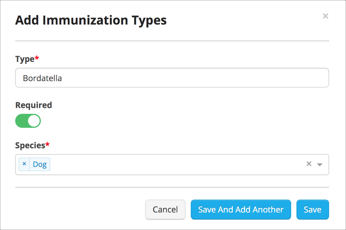 Add Immunization Type form interface