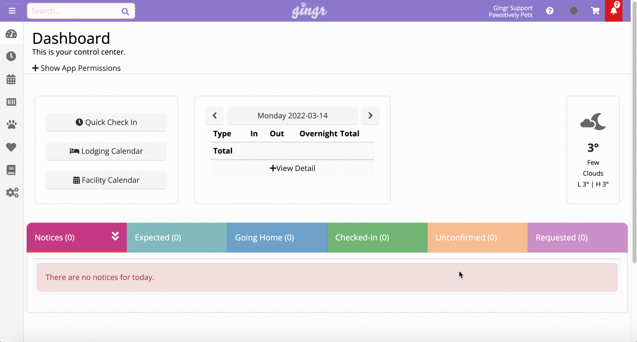 Dashboard with calendar and weather widget.