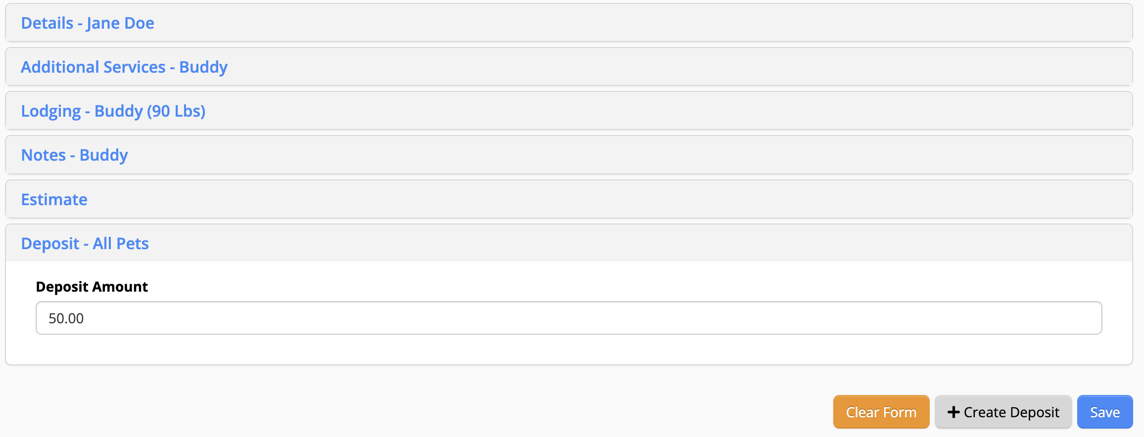 Deposit form with amount field and buttons.