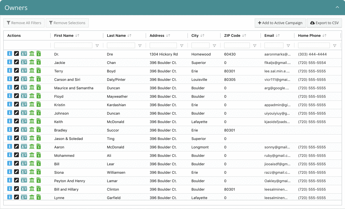 Table of owner contact information