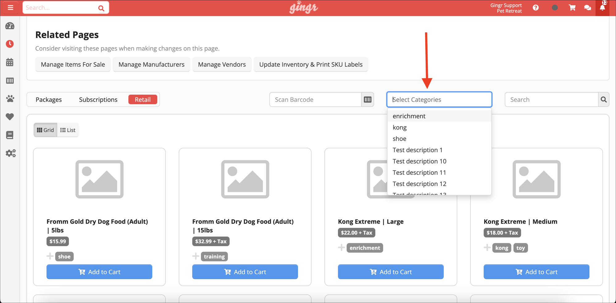 Online store product selection page.
