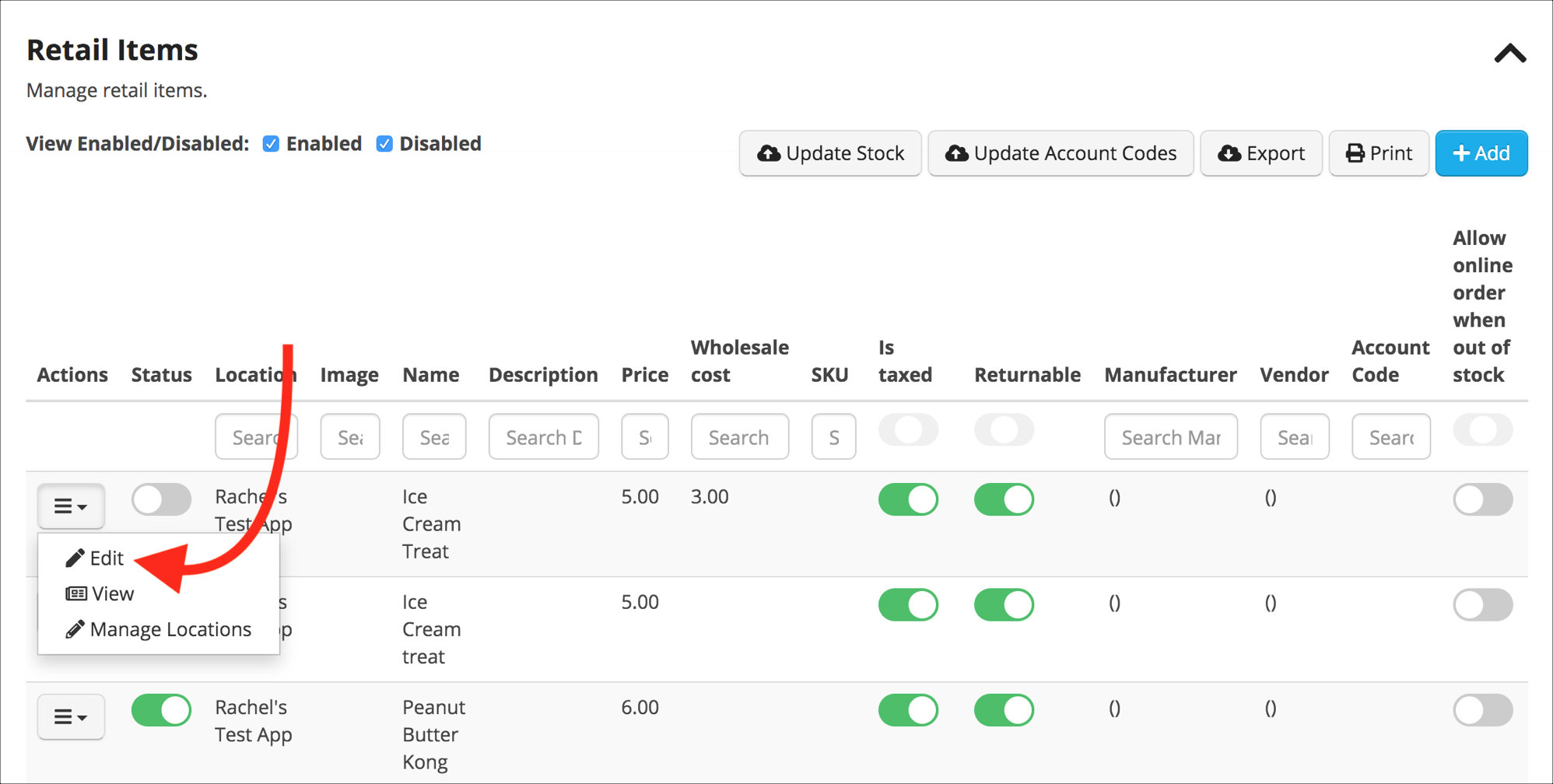 Retail items management interface screenshot.
