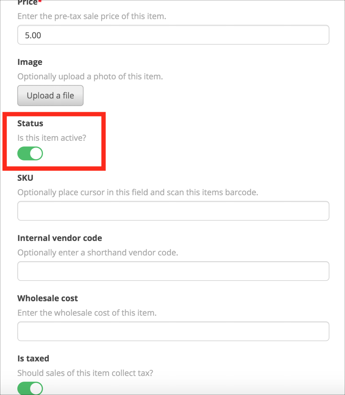 Item status toggle switch is active.