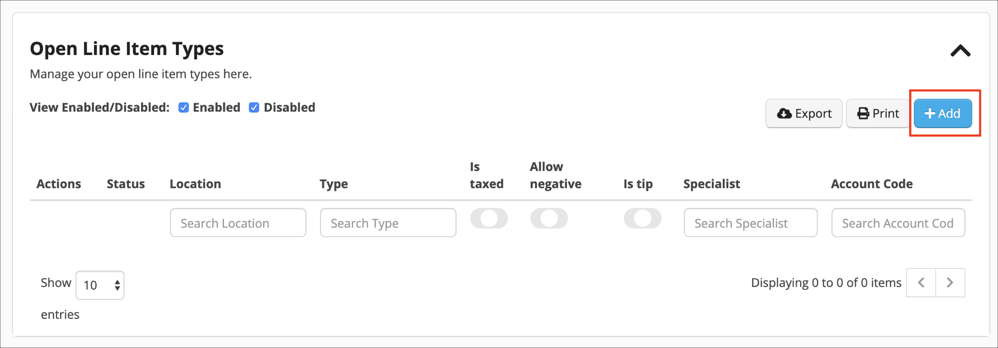 Open Line Item Types interface with Add button.