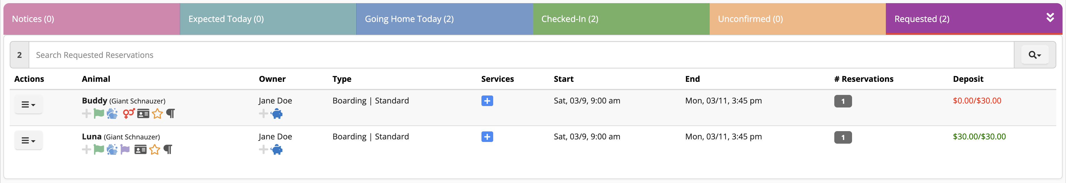 Pet boarding reservations list.